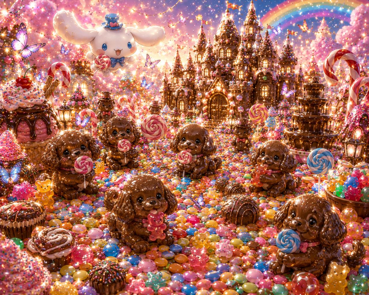 Zoey's magical chocolate poodle candy world with sparkly castles, lollipops, butterflies and a rainbow